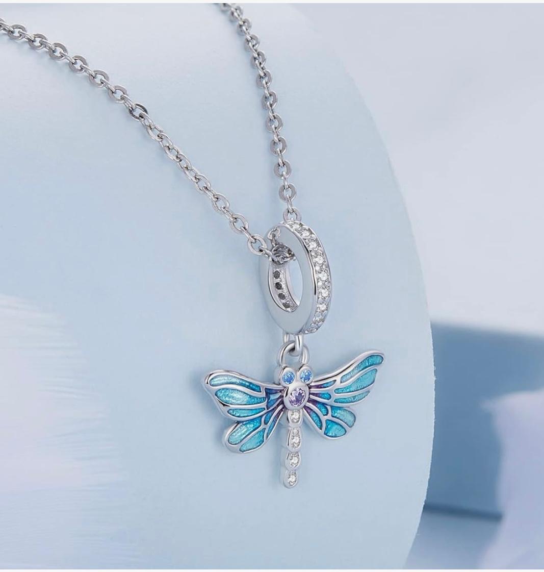 Dragonfly Charm – 925 Sterling Silver with Blue Enamel and Zircon Stones