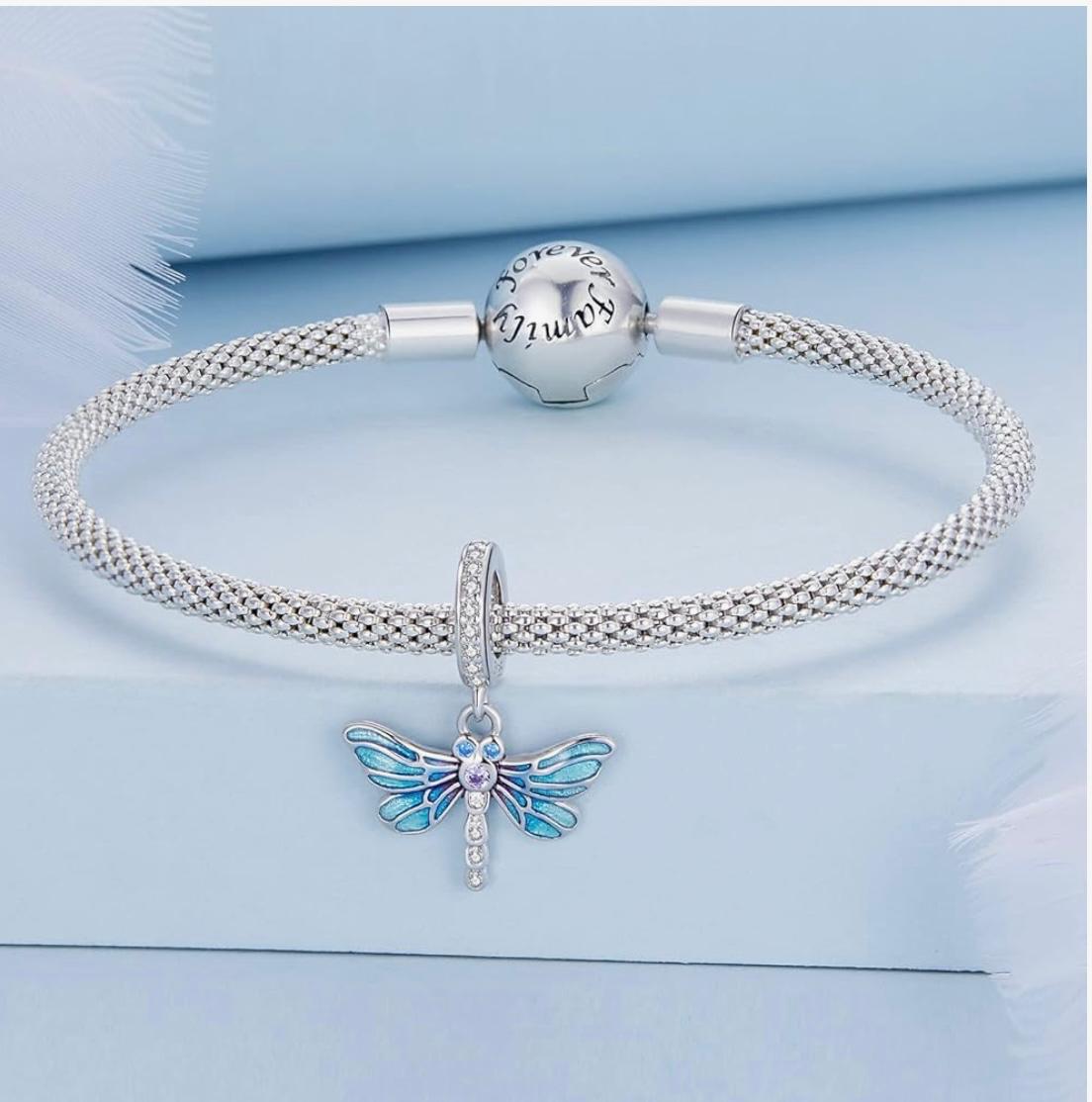 Dragonfly Charm – 925 Sterling Silver with Blue Enamel and Zircon Stones