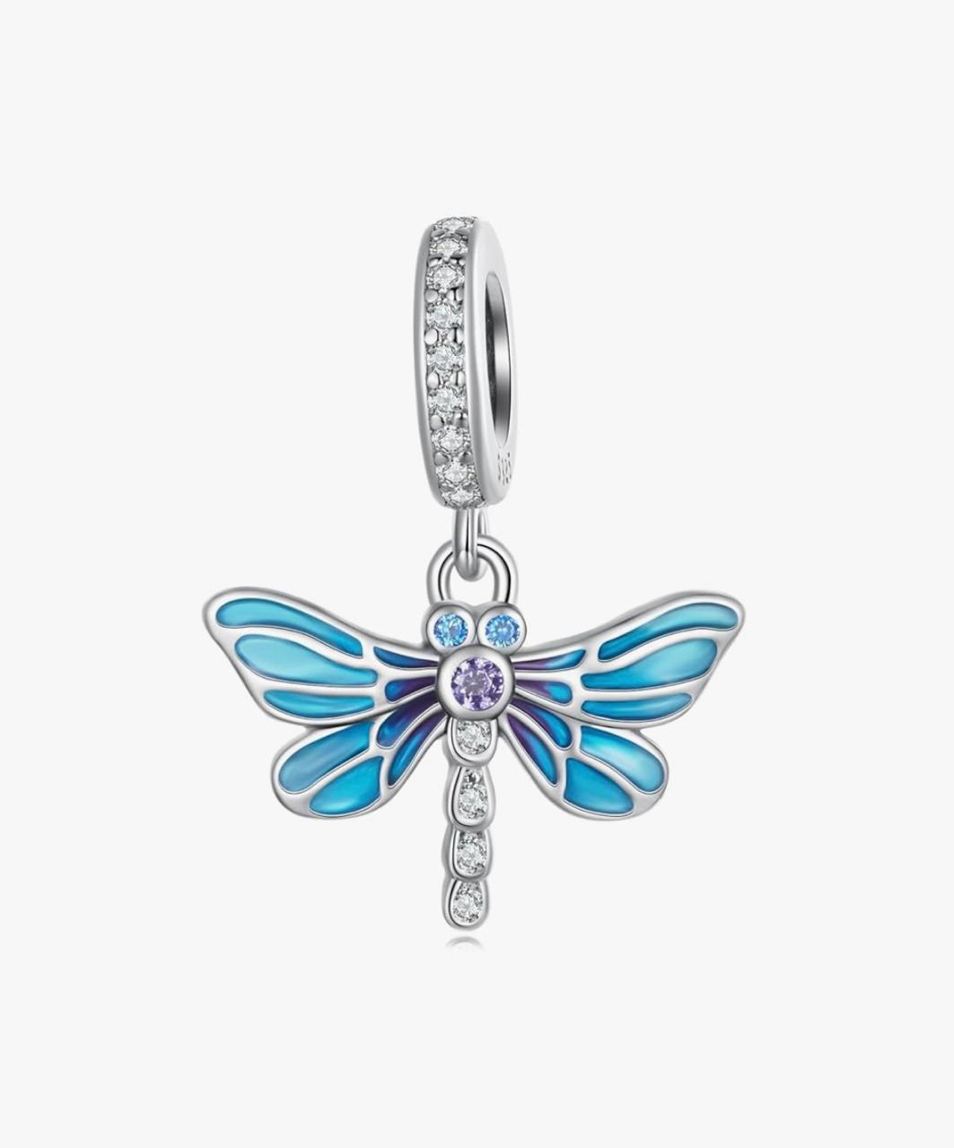 Dragonfly Charm – 925 Sterling Silver with Blue Enamel and Zircon Stones
