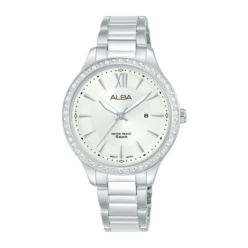 ساعة يد ألبا حريمي أنالوج معدن فضي مع ميناء أبيض مرصع بالكريستال