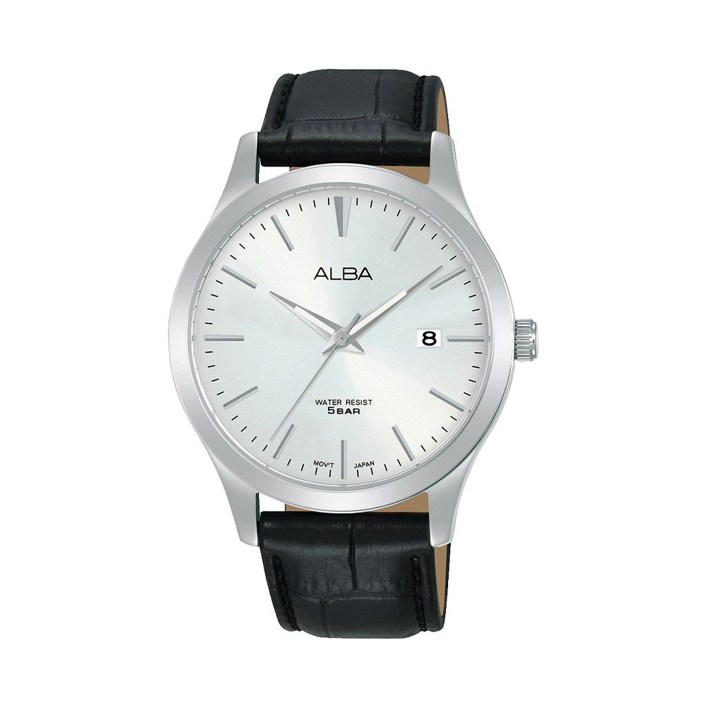 ساعة يد ألبا رجالي أنالوج بسوار جلد أسود وميناء فضي