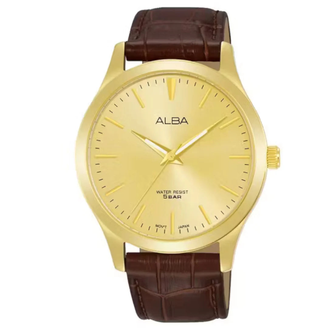 ساعة يد ألبا رجالي – هيكل ذهبي بسوار جلد بني وتصميم كلاسيكي أنيق