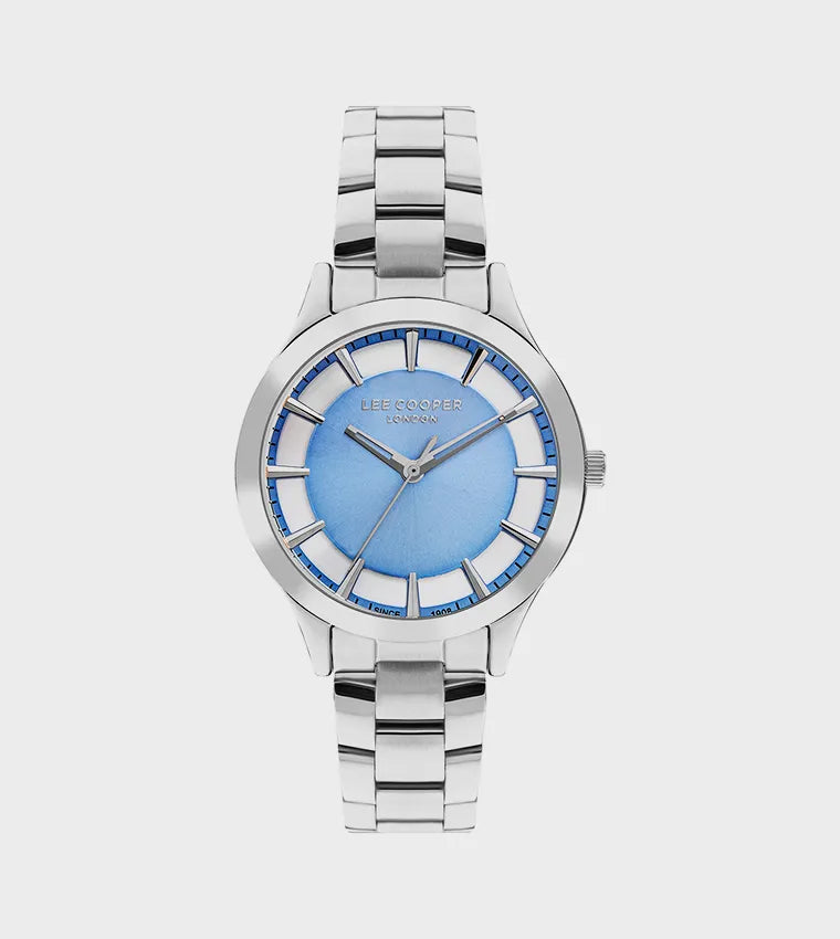 ساعة يد نسائية من لي كوبر بسوار معدني فضي وميناء أزرق سماوي