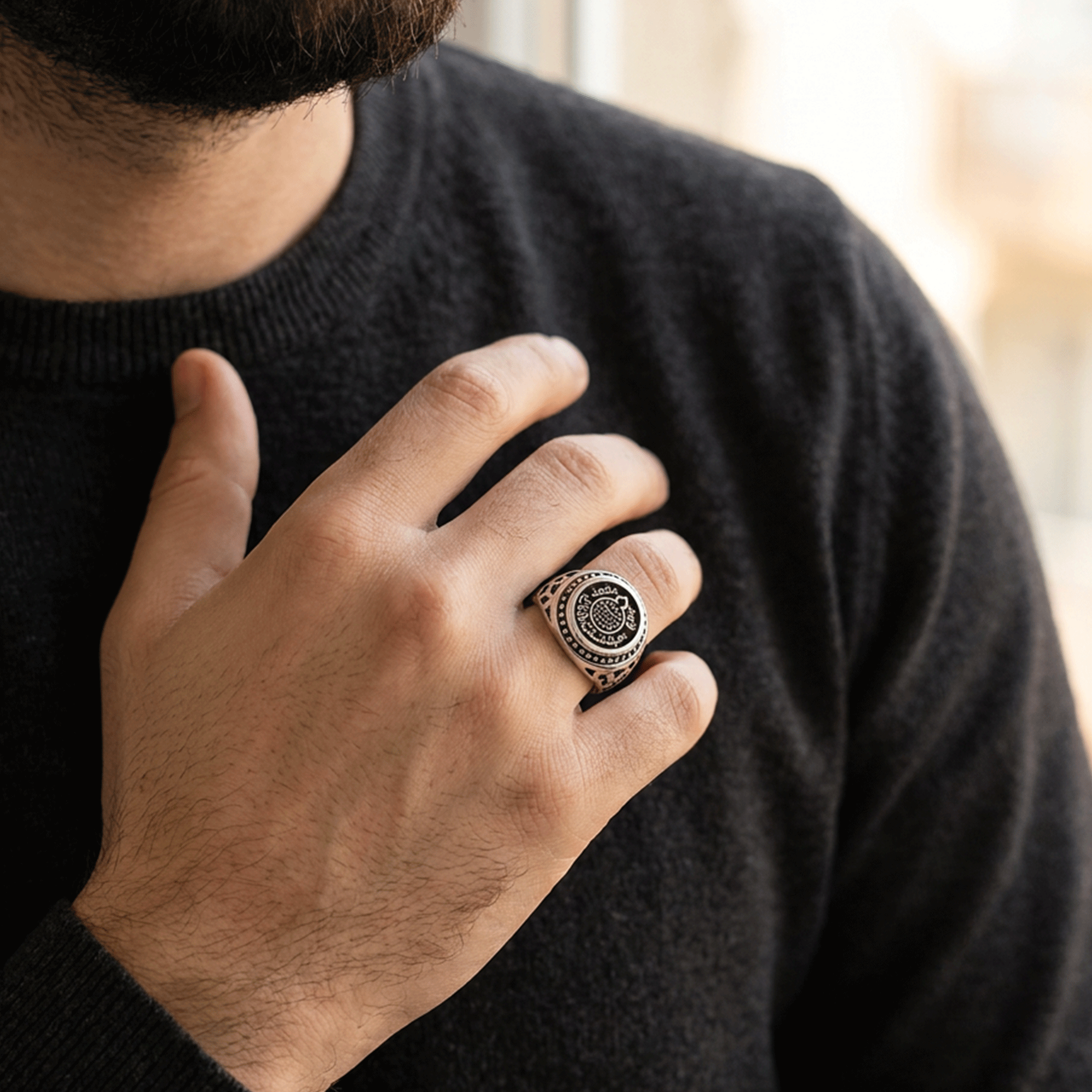 Men's 925 Sterling Silver Ring with the Seal of Prophethood Design (Go wherever you wish, for you are victorious)