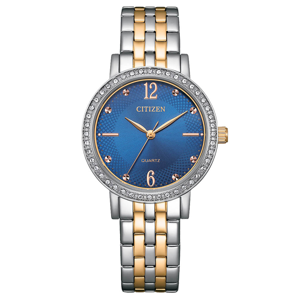 ساعة سيتيزن كوارتز للنساء بسوار من الستانلس ستيل بلون ذهبي وفضي وميناء أزرق EL3106-59L