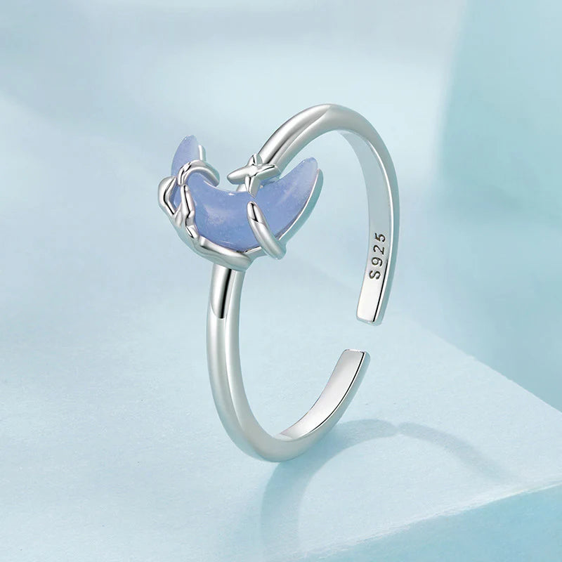 خاتم فضة 925 قمر سماوي مضيء ليلًا