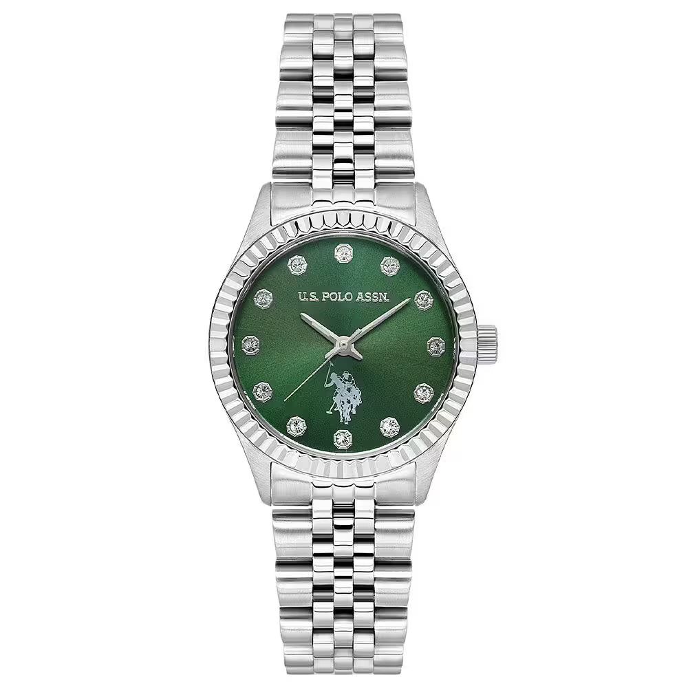U.S. Polo Assn Women's Analog Watch – Green Dial & Silver Stainless Steel Bracelet