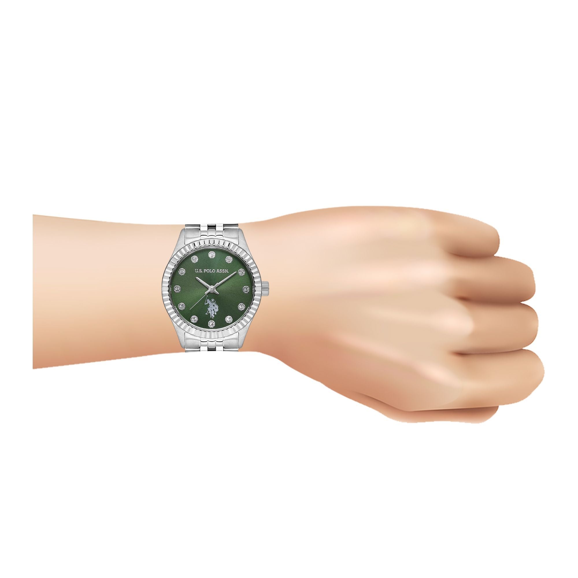 U.S. Polo Assn Women's Analog Watch – Green Dial & Silver Stainless Steel Bracelet