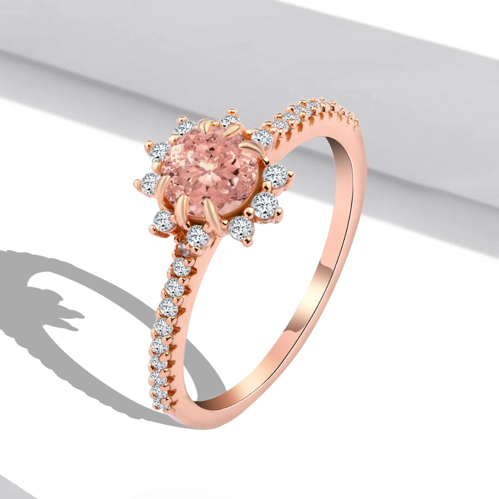 925 sterling silver ring topped with a sun-shaped nano morganite stone