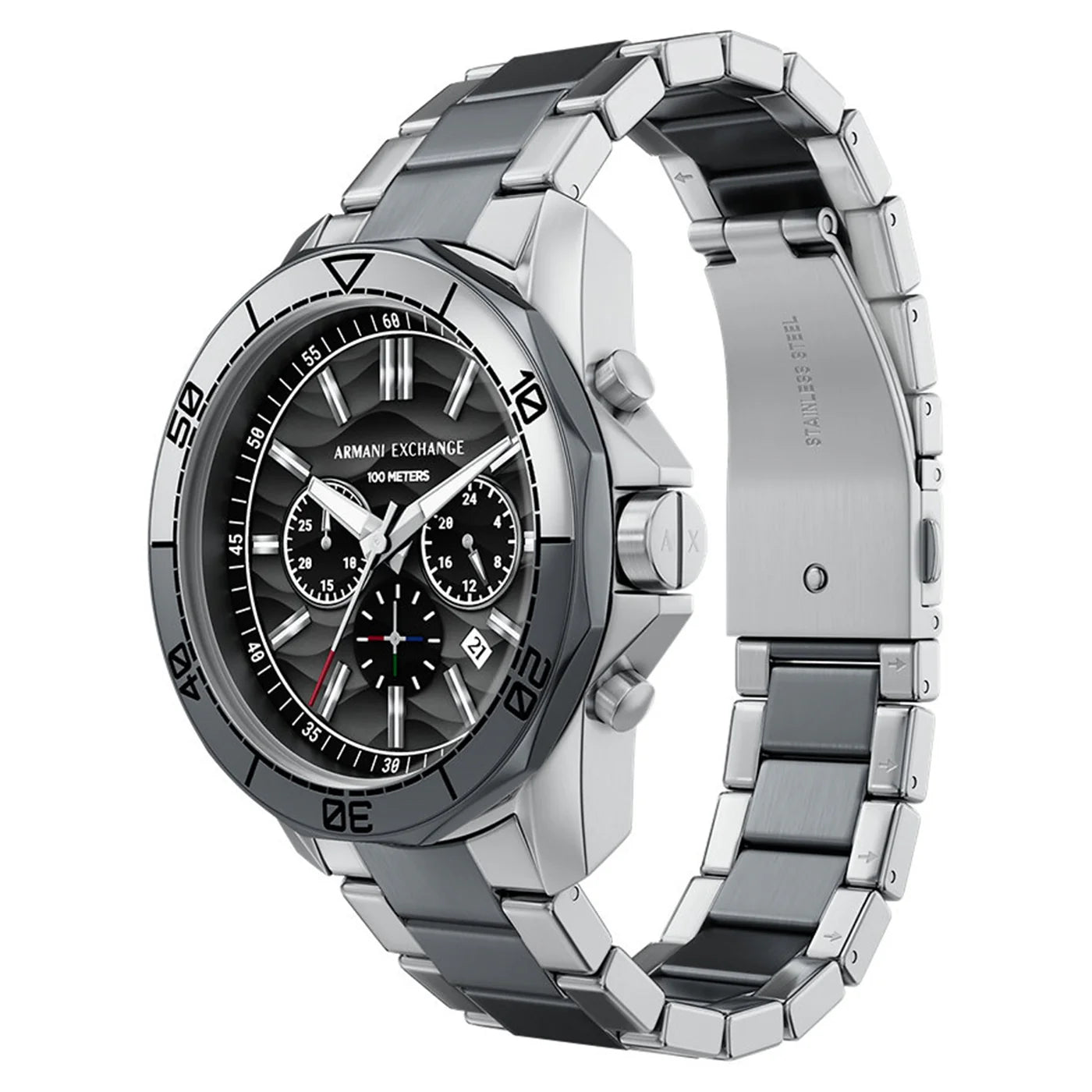 Armani Exchange Men's Chronograph Watch – Black Dial with Two-Tone Gray Stainless Steel Bracelet
