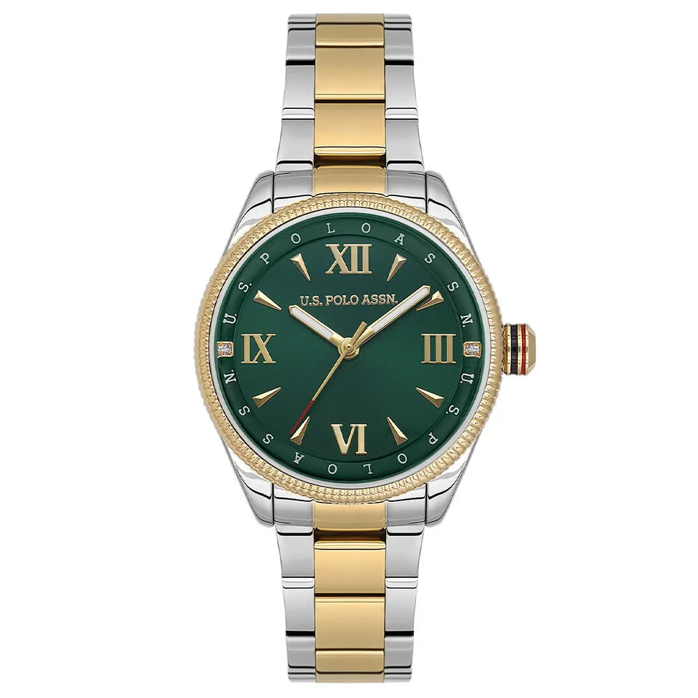 U.S. Polo Assn Women's Analog Watch – Green Dial with Roman Numerals & Two-Tone Stainless Steel Bracelet