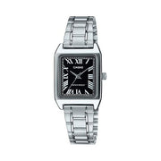 Casio Women's Watch with Stainless Steel Bracelet and Black Rectangular Roman Dial