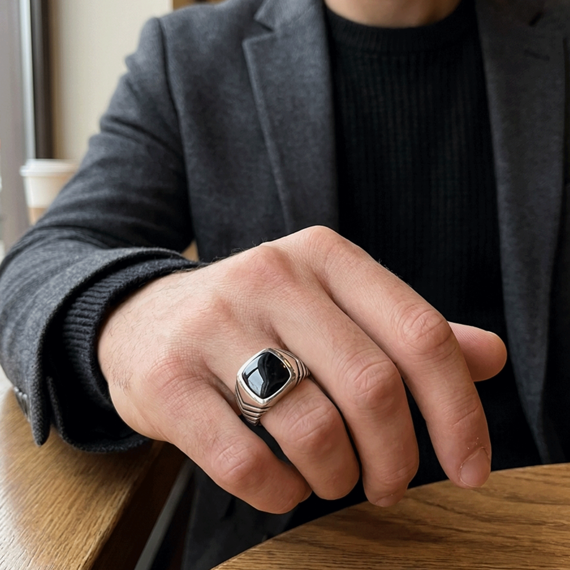 Men’s silver ring with a natural black onyx stone, 925 .