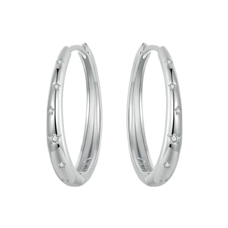 حلق فضة عيار 925 دائري بتصميم نجوم لامعة