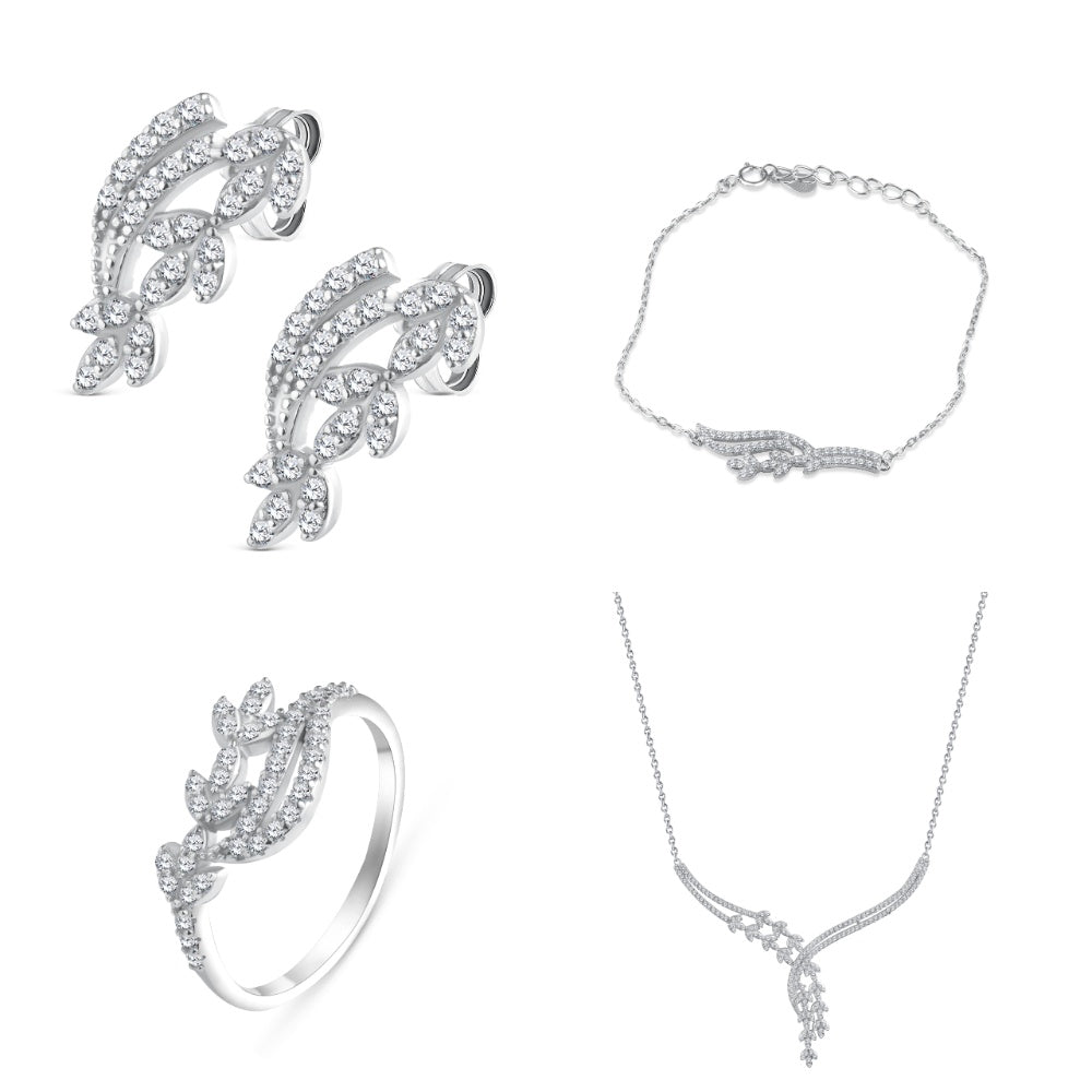 925 sterling silver set adorned with zircon stones in the shape of leaves