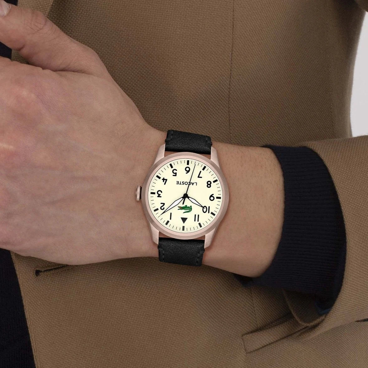 Lacoste Black Leather Beige Dial Men's Watch - 2011300