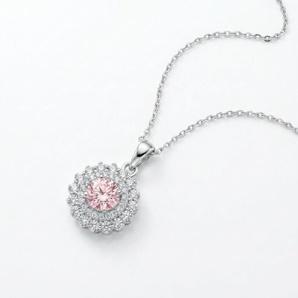 Pink Flower Necklace With Zircon 925 Silver