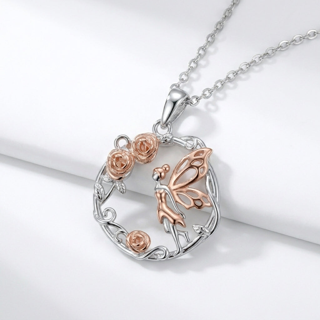 Elegant Flowers And Butterfly Necklace 925 Silver