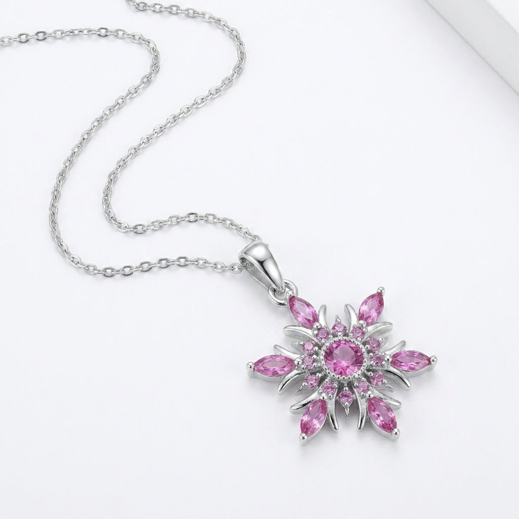 925 Silver Royal Pink Flower Necklace