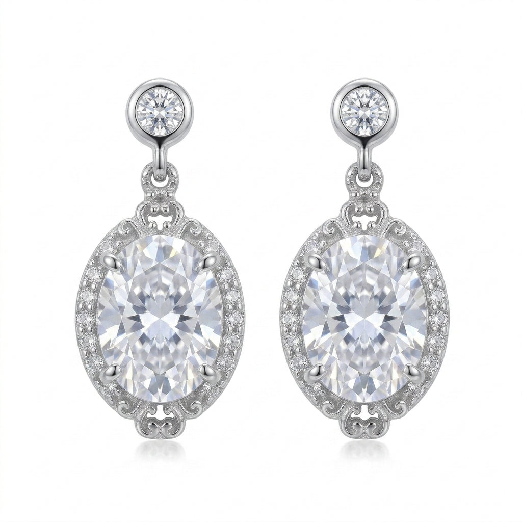 925 Silver Earrings with a Shiny Oval Stone, Fully Studded