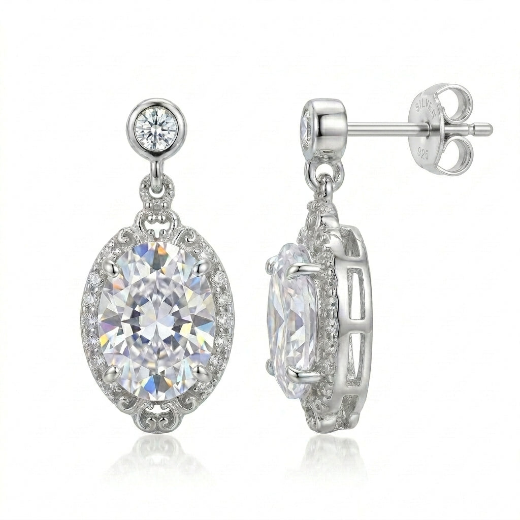 925 Silver Earrings with a Shiny Oval Stone, Fully Studded