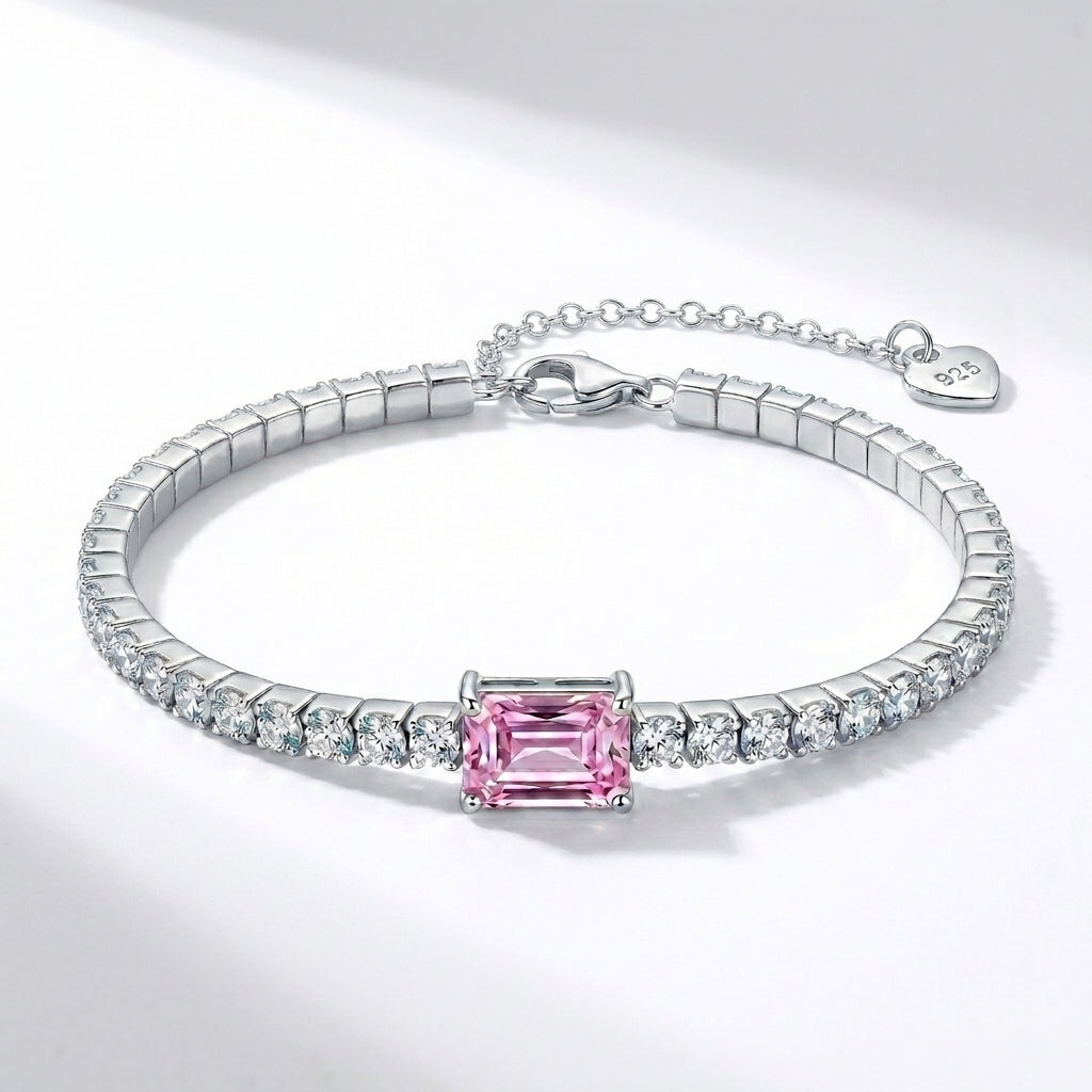 925 Silver Bracelet Studded with Zircon and a Rectangular Pink Center Stone