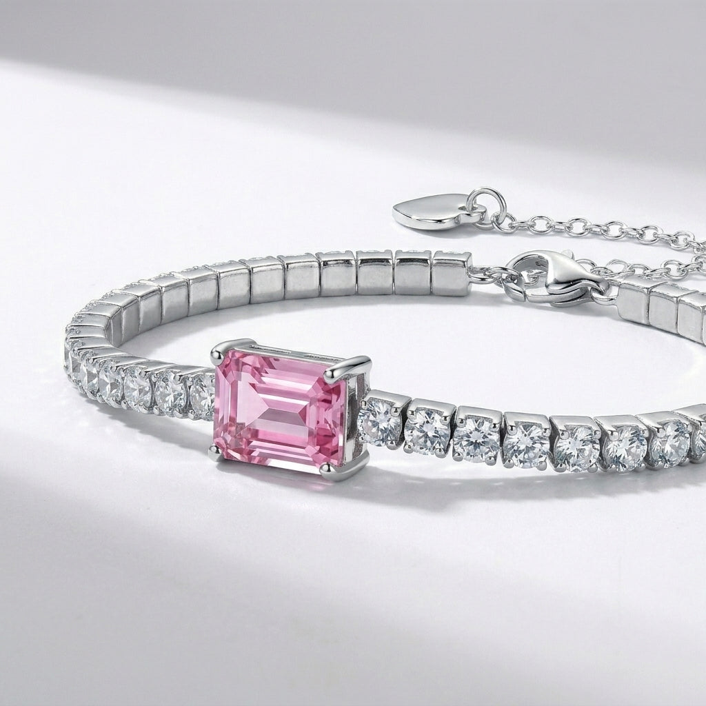 925 Silver Bracelet Studded with Zircon and a Rectangular Pink Center Stone