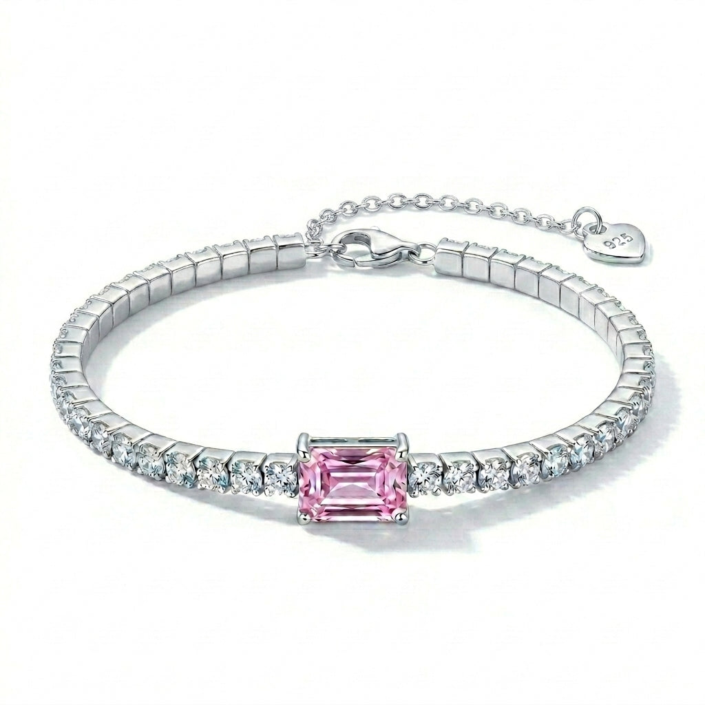 925 Silver Bracelet Studded with Zircon and a Rectangular Pink Center Stone