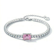 925 Silver Bracelet Studded with Zircon and a Rectangular Pink Center Stone