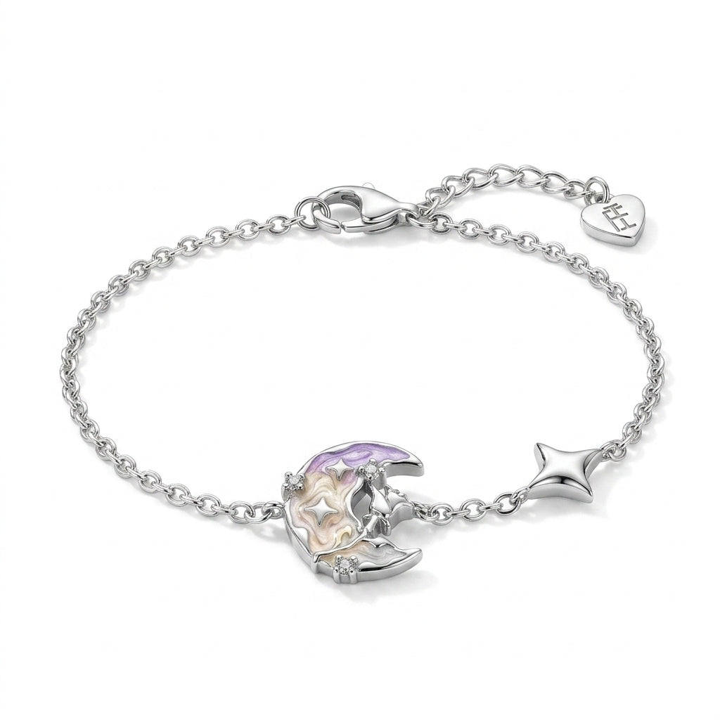 925 Silver Bracelet with a Crescent Moon and Flower Design