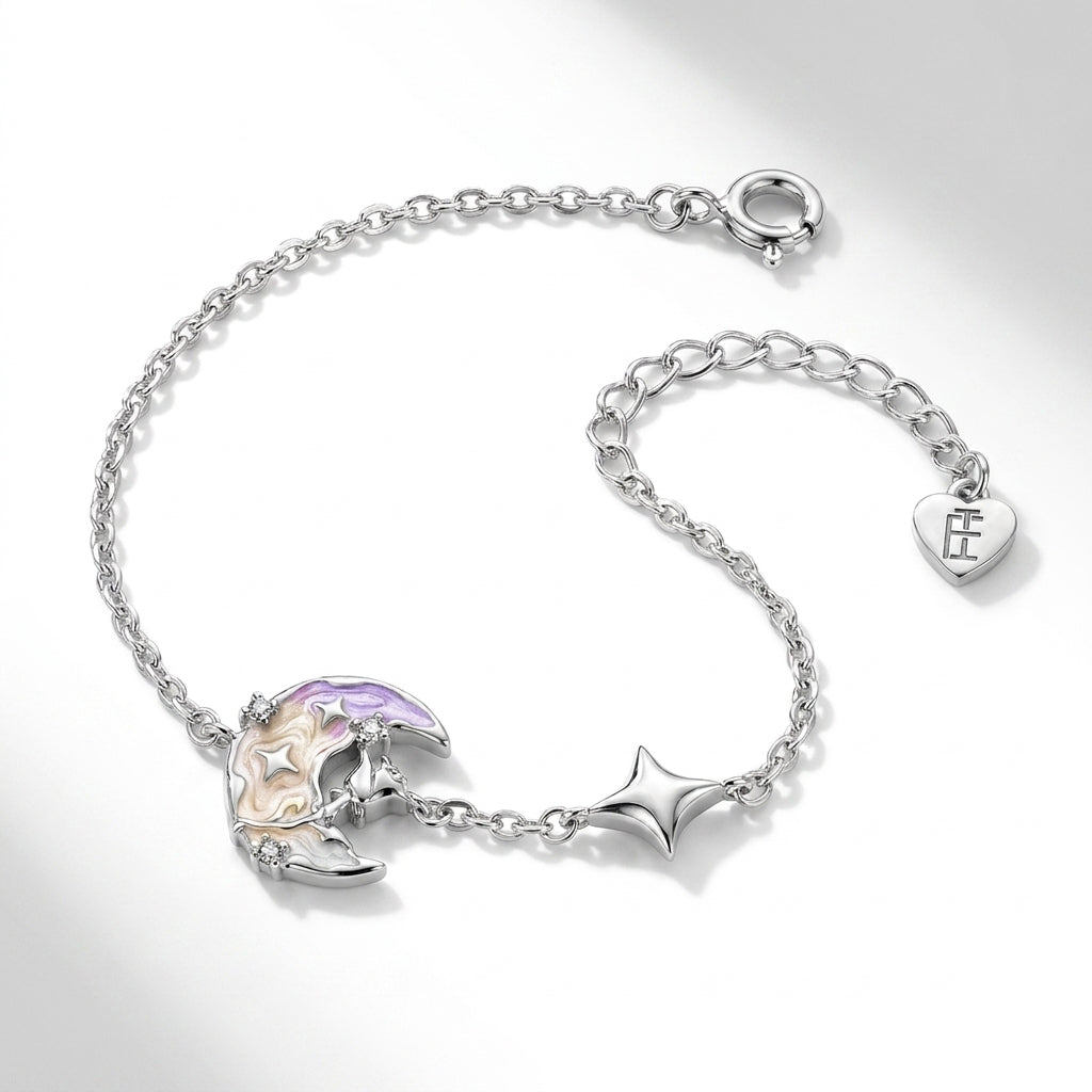 925 Silver Bracelet with a Crescent Moon and Flower Design