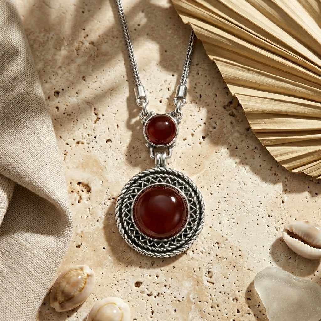 925 Silver Necklace with a Heritage Design and an Oval Agate Stone