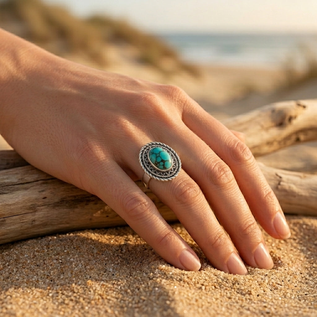 925 Silver Ring with a Heritage Design and Oval Blue Turquoise Stone