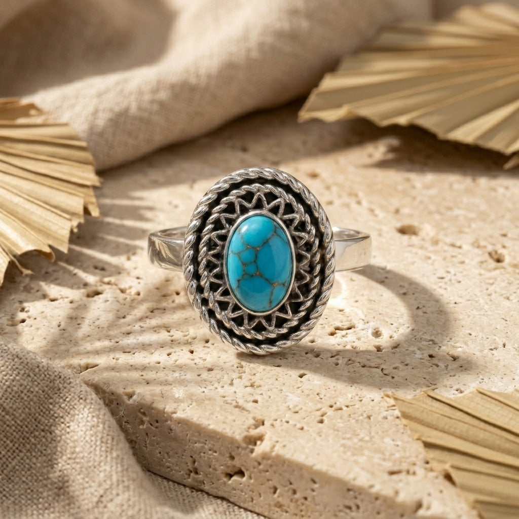 925 Silver Ring with a Heritage Design and Oval Blue Turquoise Stone