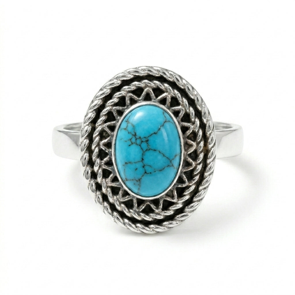 925 Silver Ring with a Heritage Design and Oval Blue Turquoise Stone