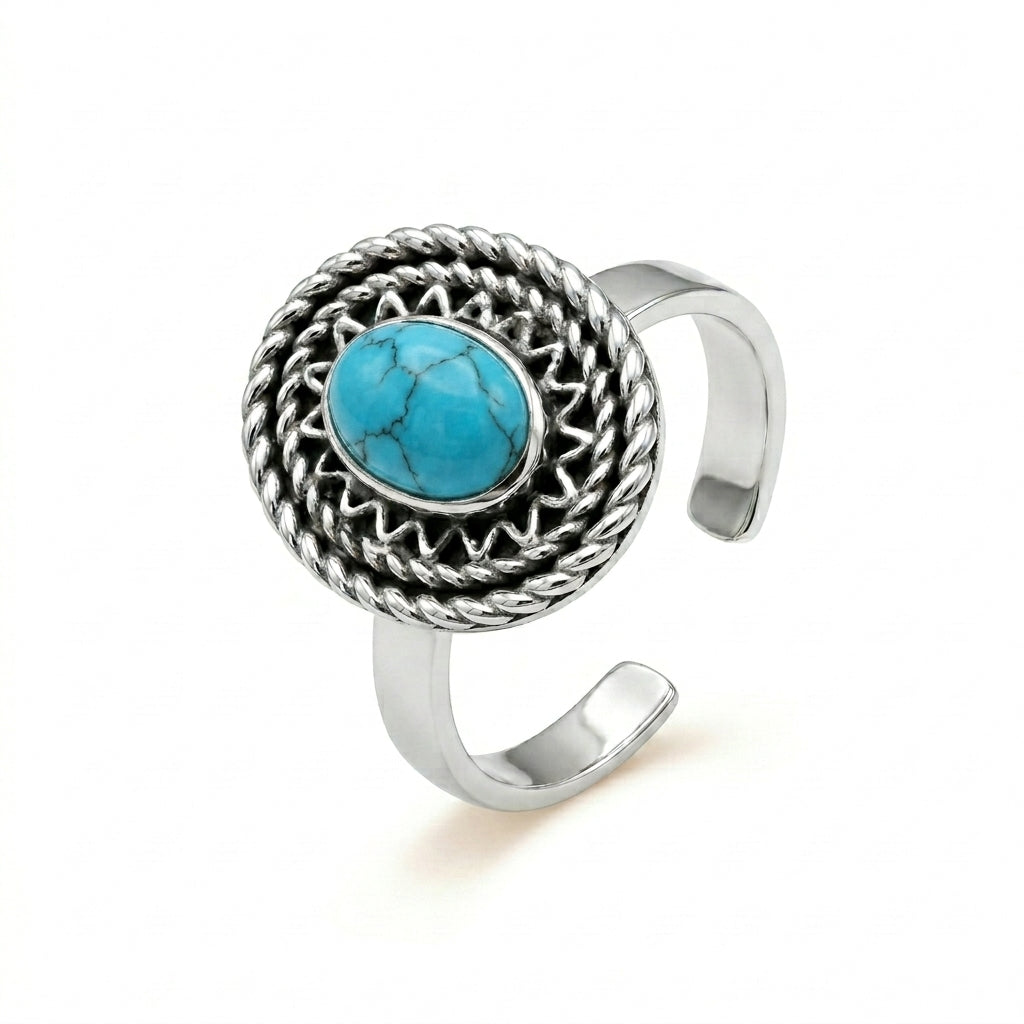 925 Silver Ring with a Heritage Design and Oval Blue Turquoise Stone