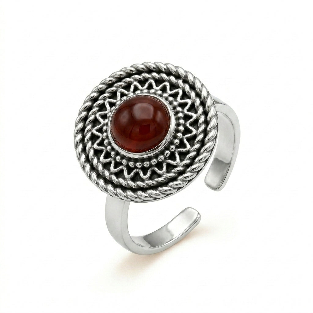 925 Silver Ring with a Round Red Agate Stone