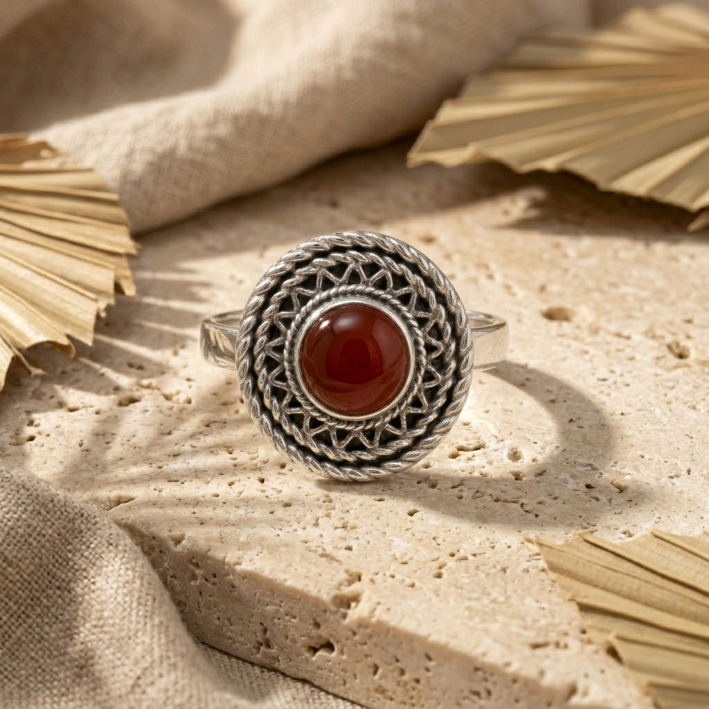 925 Silver Ring with a Round Red Agate Stone