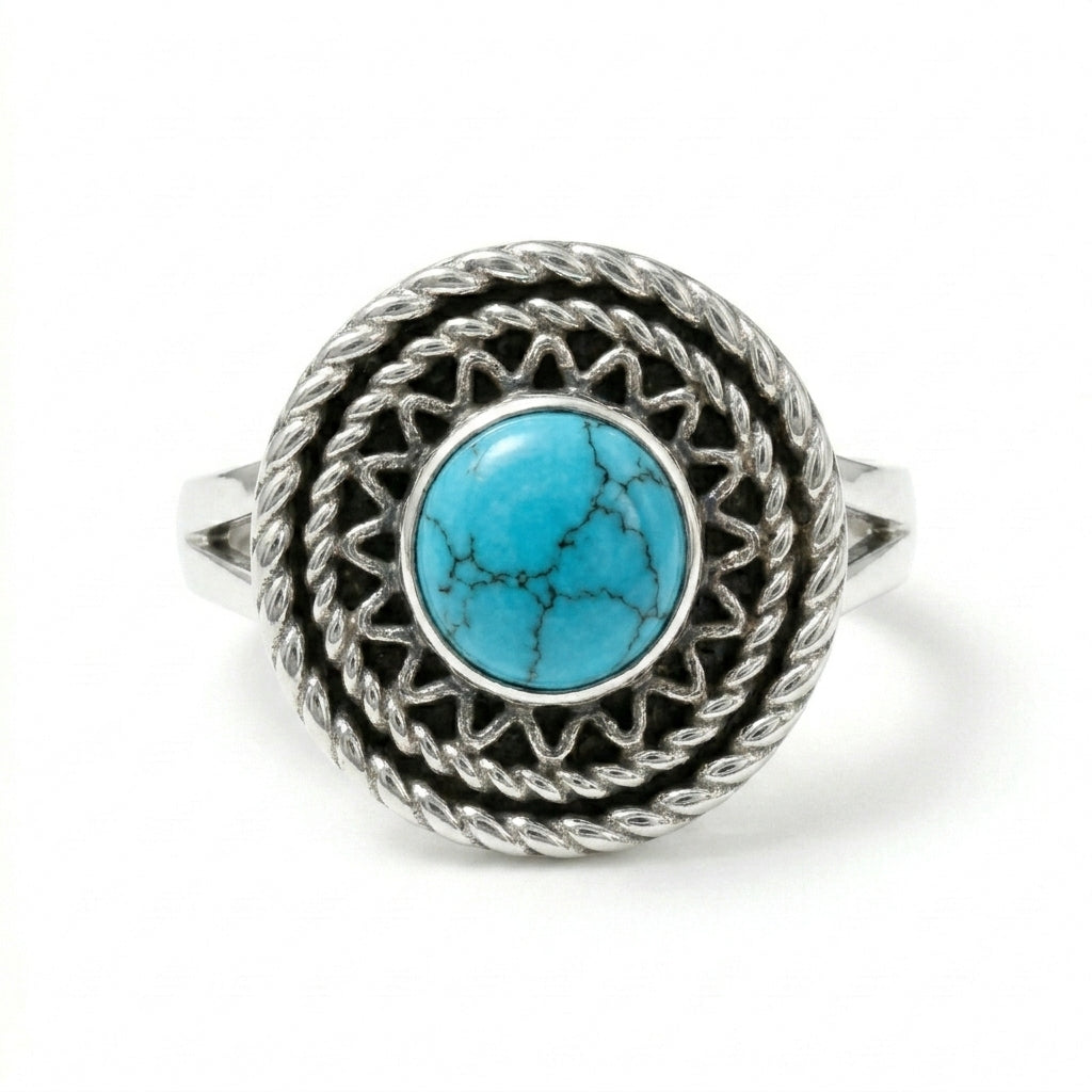 925 Silver Heritage-Inspired Round Ring with Turquoise Stone