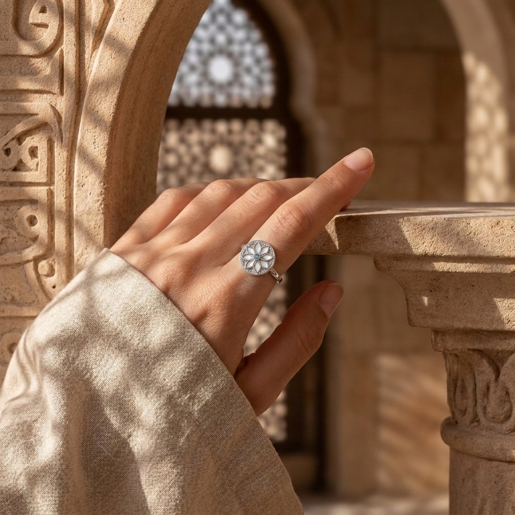 925 Silver Emerald Flower Ring