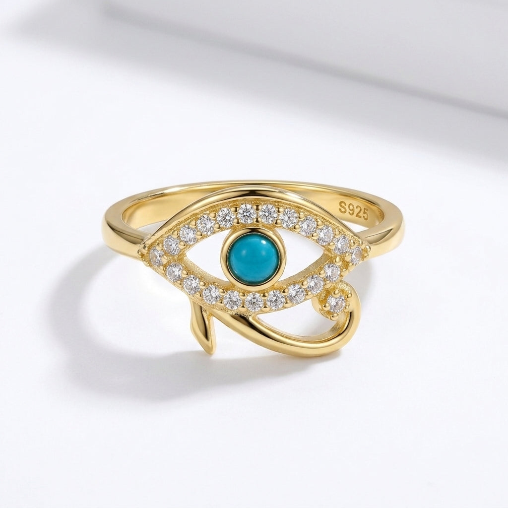 Eye of Horus Ring with Zircon Stones Gold-Plated 925 Silver