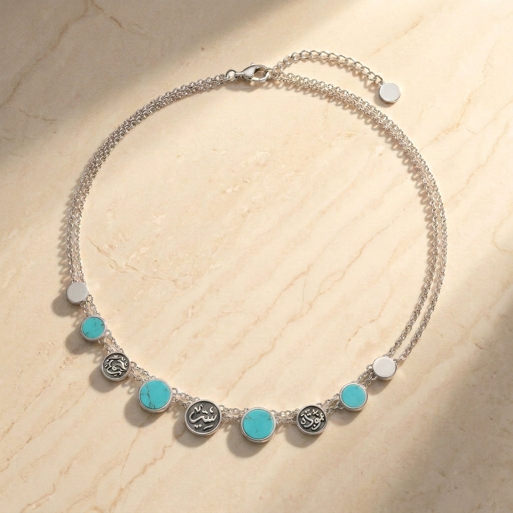 "Mawadda", "Satr" & "Rahma" Necklace with Turquoise Stones - 925 Silver