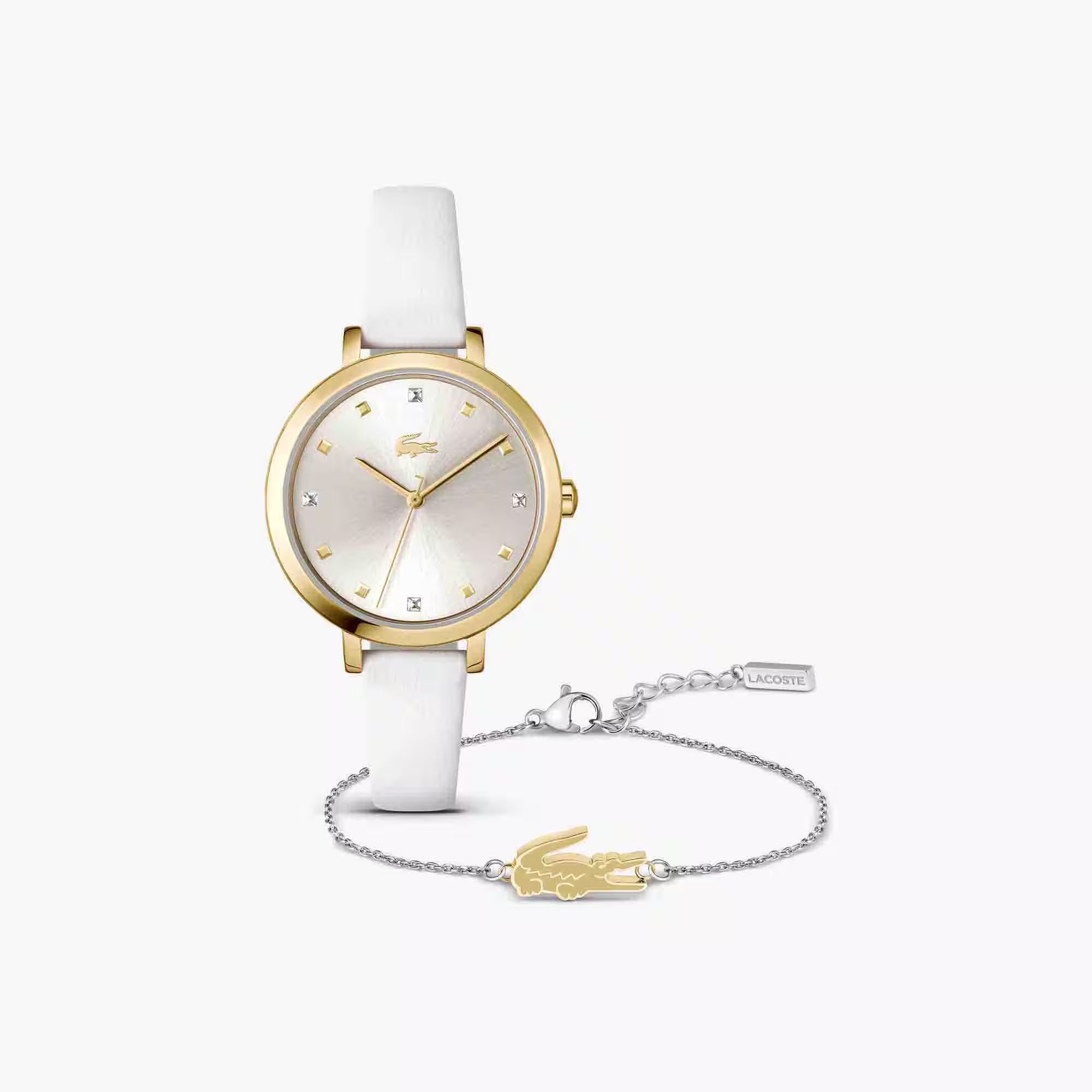 Lacoste Women's Watch Set With White Leather Strap, Silver Dial And Lacoste Signature Bracelet