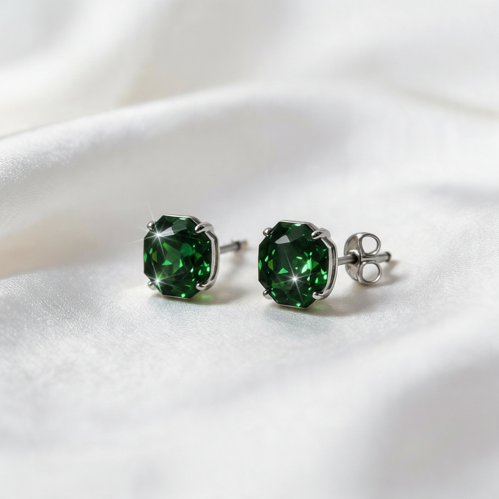 925 Silver Delicate Screw Back Earrings with Green Stone