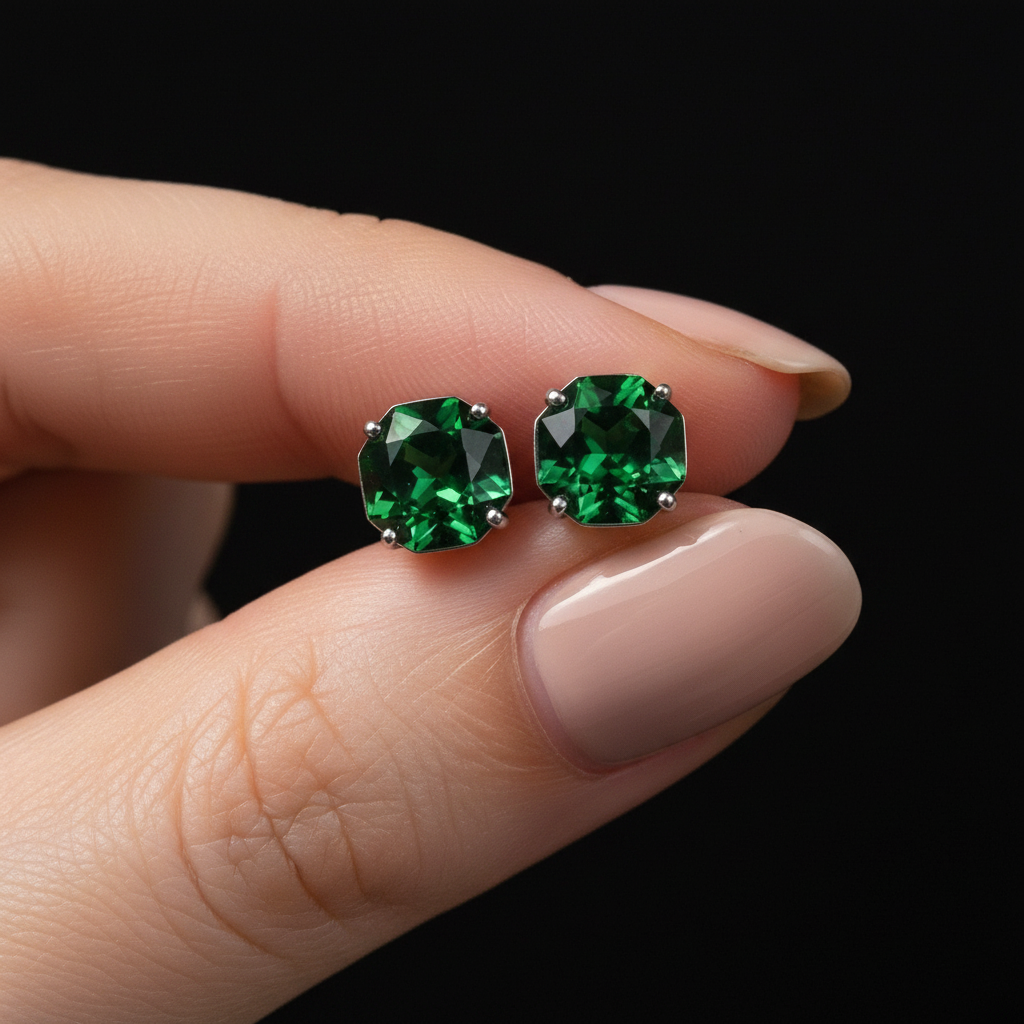925 Silver Delicate Screw Back Earrings with Green Stone