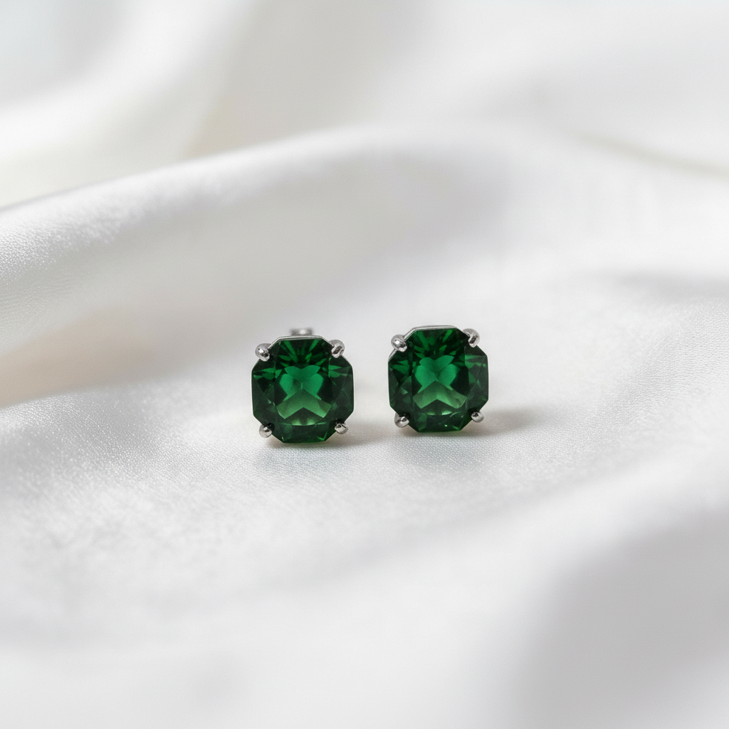925 Silver Delicate Screw Back Earrings with Green Stone