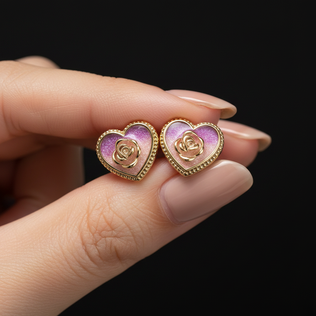 925 Silver Colored Screw Back Earrings with Rose and Heart Details - Gold Plated