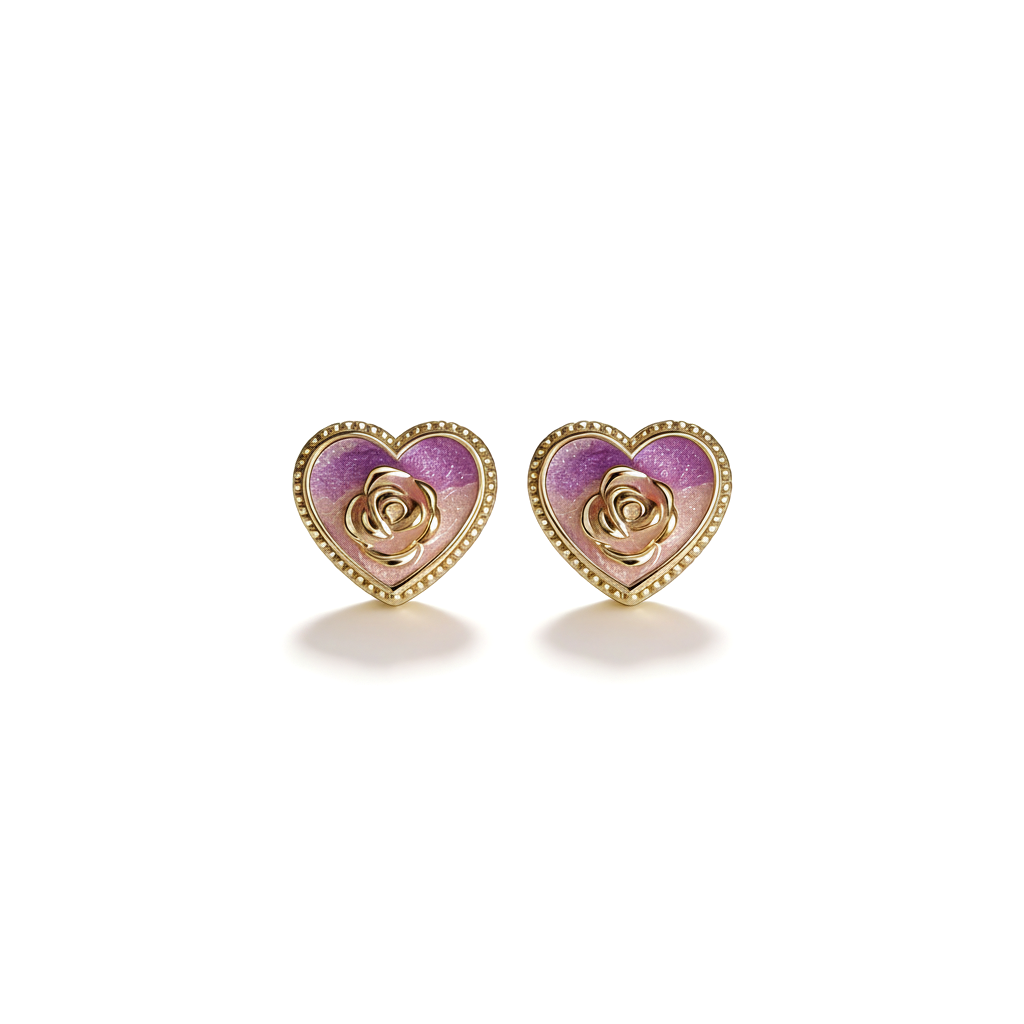 925 Silver Colored Screw Back Earrings with Rose and Heart Details - Gold Plated