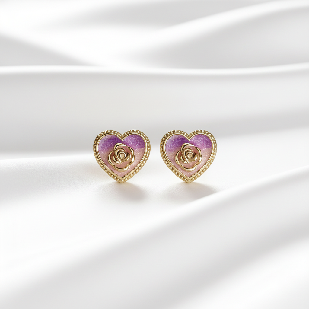 925 Silver Colored Screw Back Earrings with Rose and Heart Details - Gold Plated