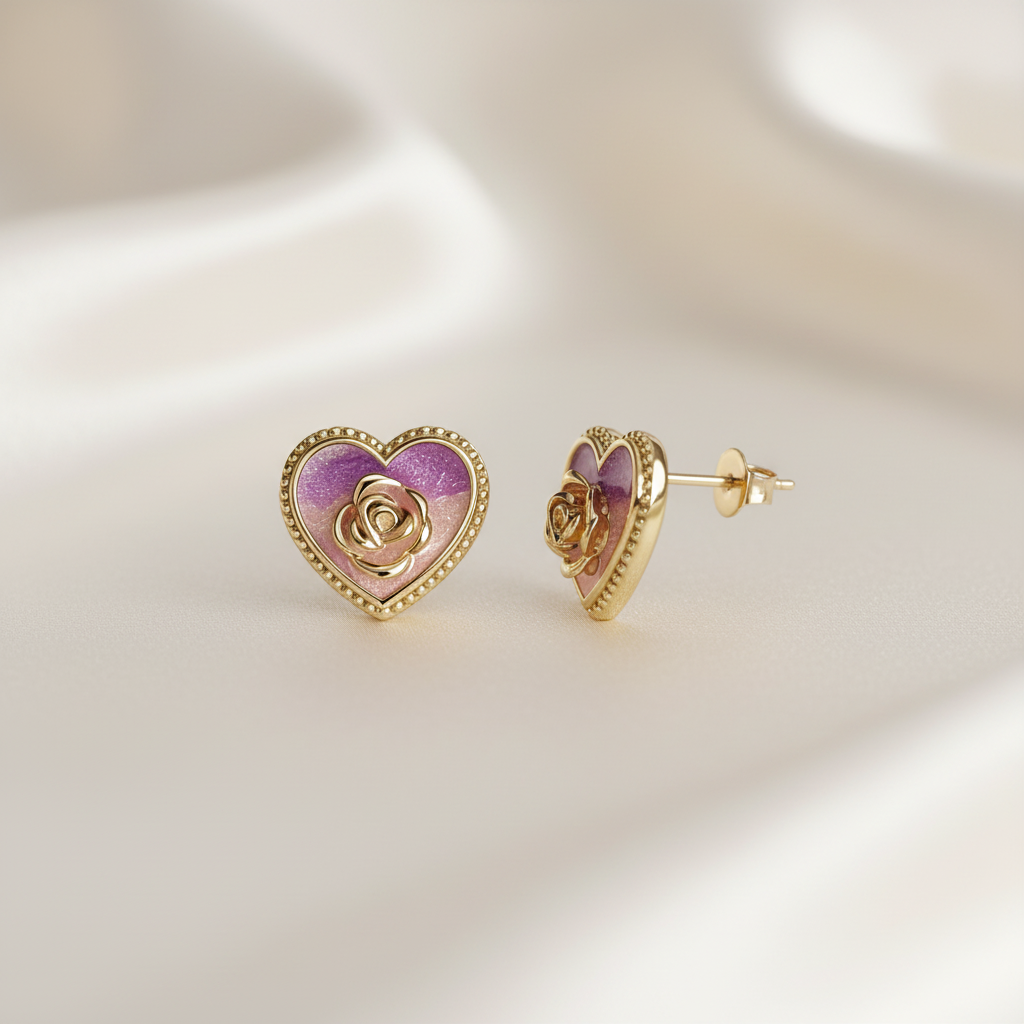 925 Silver Colored Screw Back Earrings with Rose and Heart Details - Gold Plated